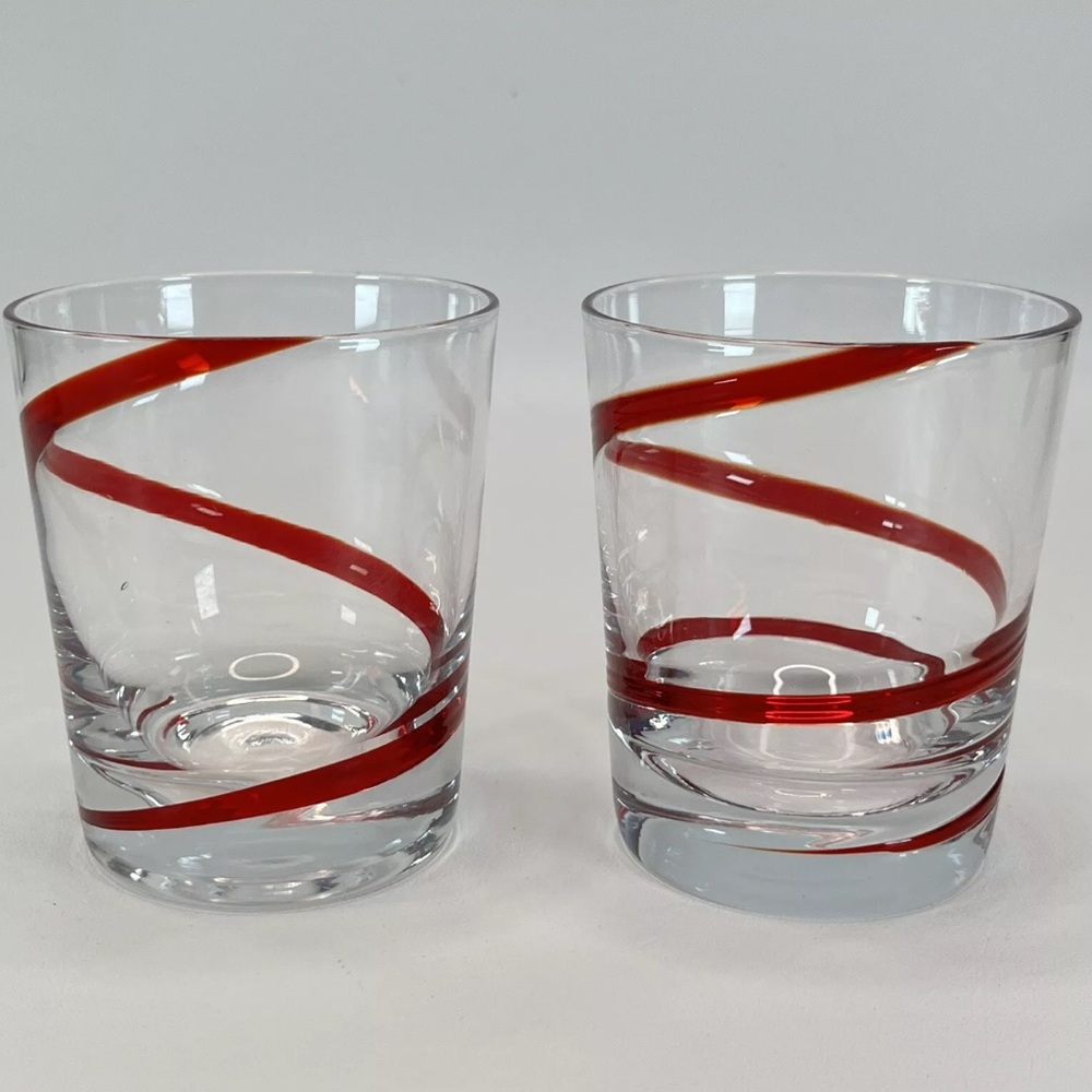 Pier 1 SWIRLINE RED Double Old Fashion Glasses 4 1/8" Set of Two 2